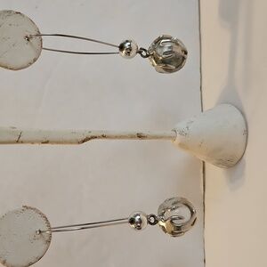 Glass Ball Covered by 4 Silvertone Silhouettes of People on 3" Pierced Earrings